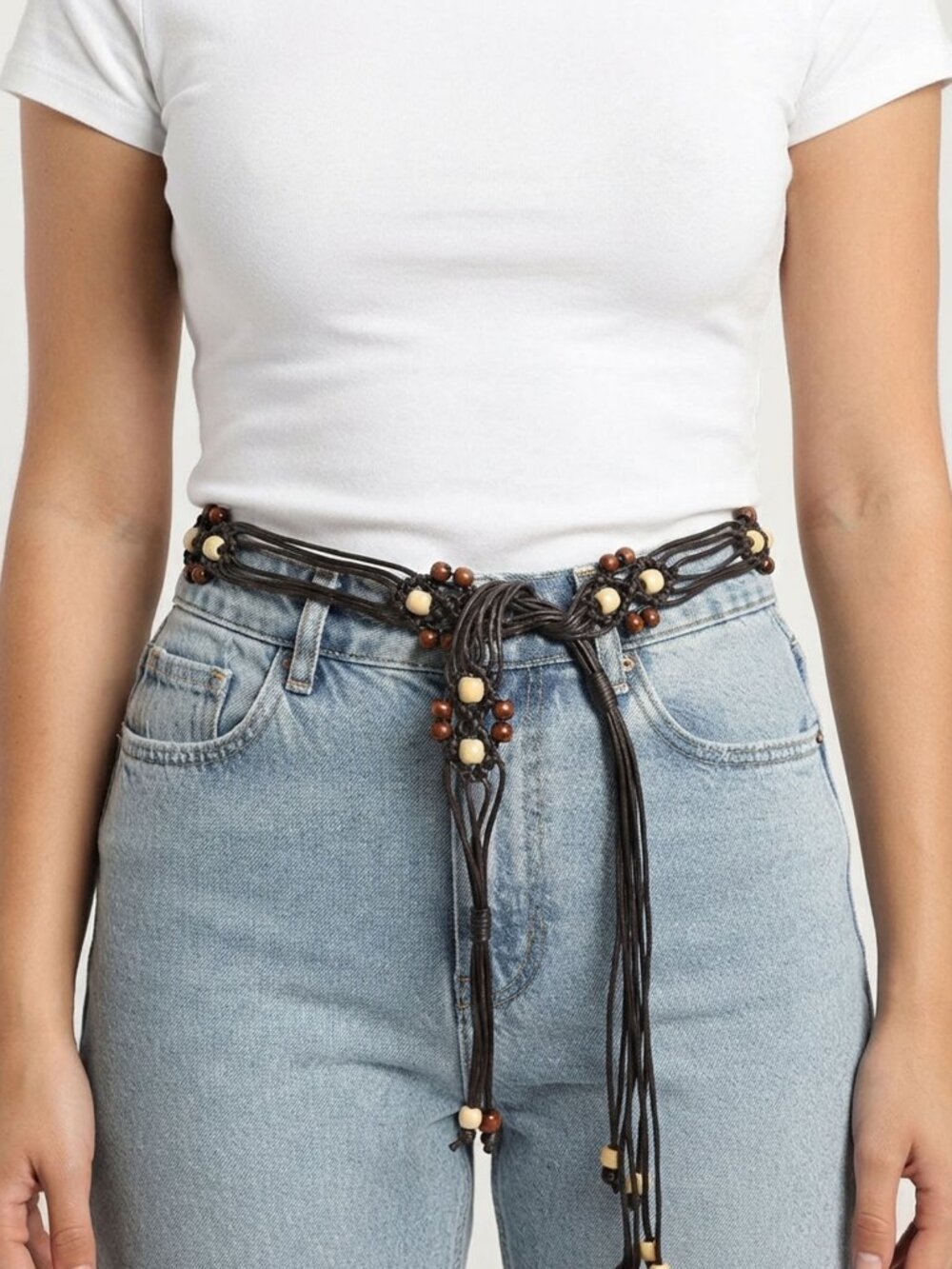 Brown Macrame Boho Beaded Waist Belt Hippie Vintage Tie Cord Statement Accessory